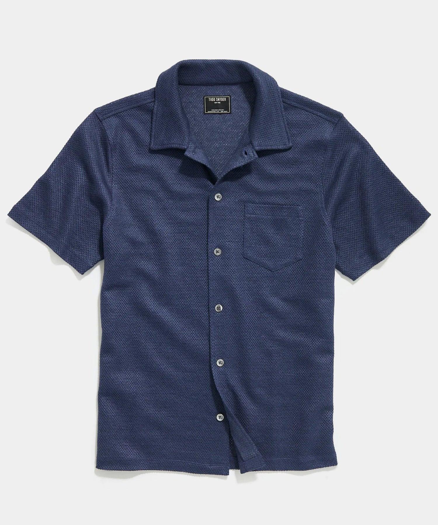 Linen Mesh Full-Placket Polo in Navy Product Image