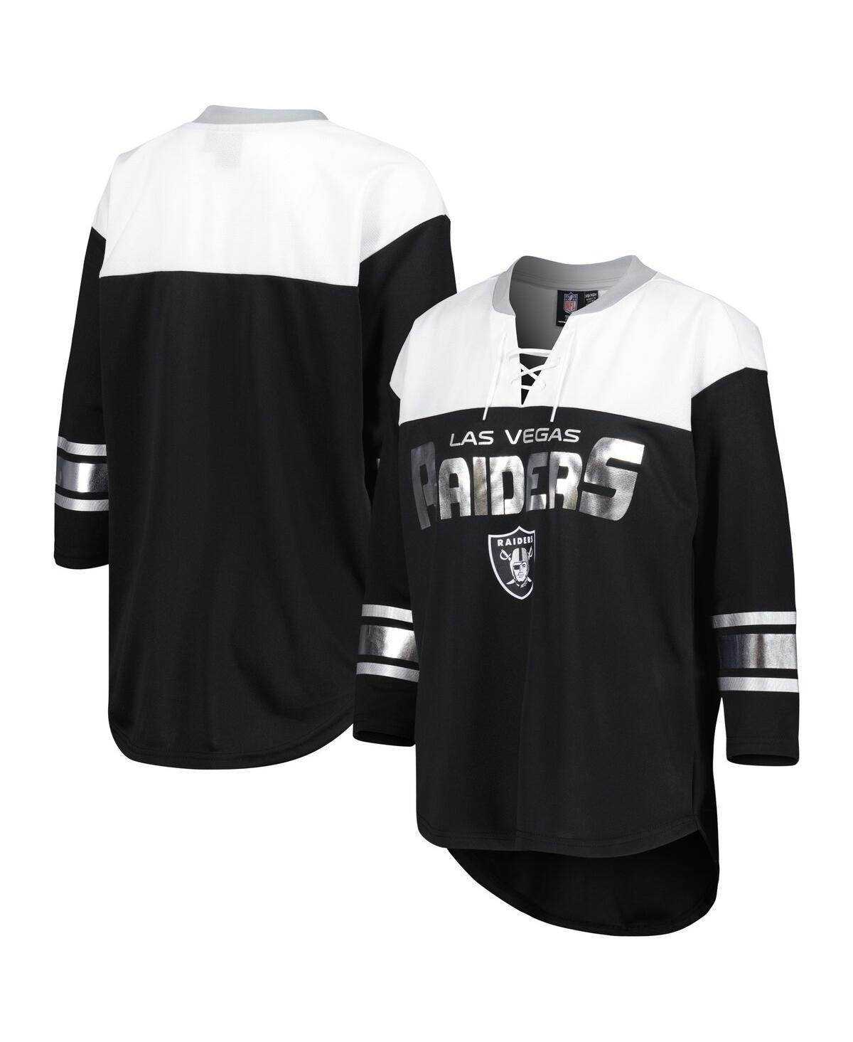 Womens G-III 4Her by Carl Banks Black/White Las Vegas Raiders Double Team 3/4-Sleeve Lace-Up T-Shirt product image