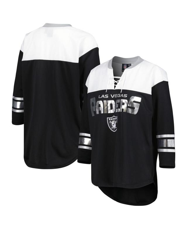 Women's G-III 4Her by Carl Banks Black/White Las Vegas Raiders Double Team 3/4-Sleeve Lace-Up T-Shirt Product Image