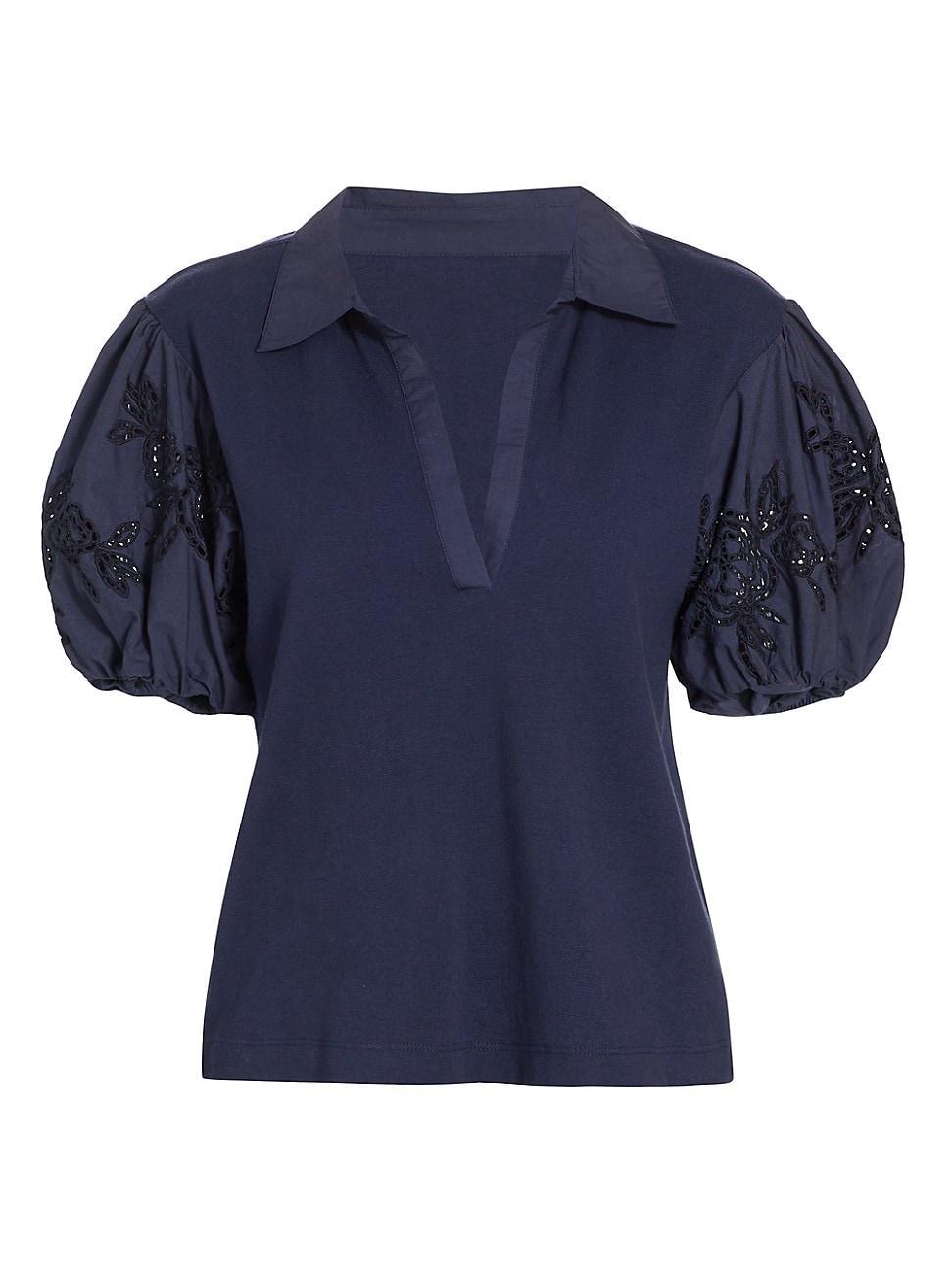 Tory Puff-Sleeve Embroidery Collared Poplin Top Product Image