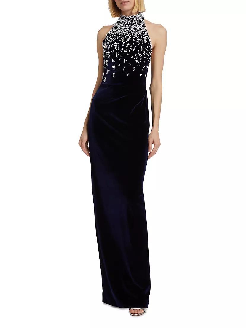 Beaded Velvet Halter Gown Product Image