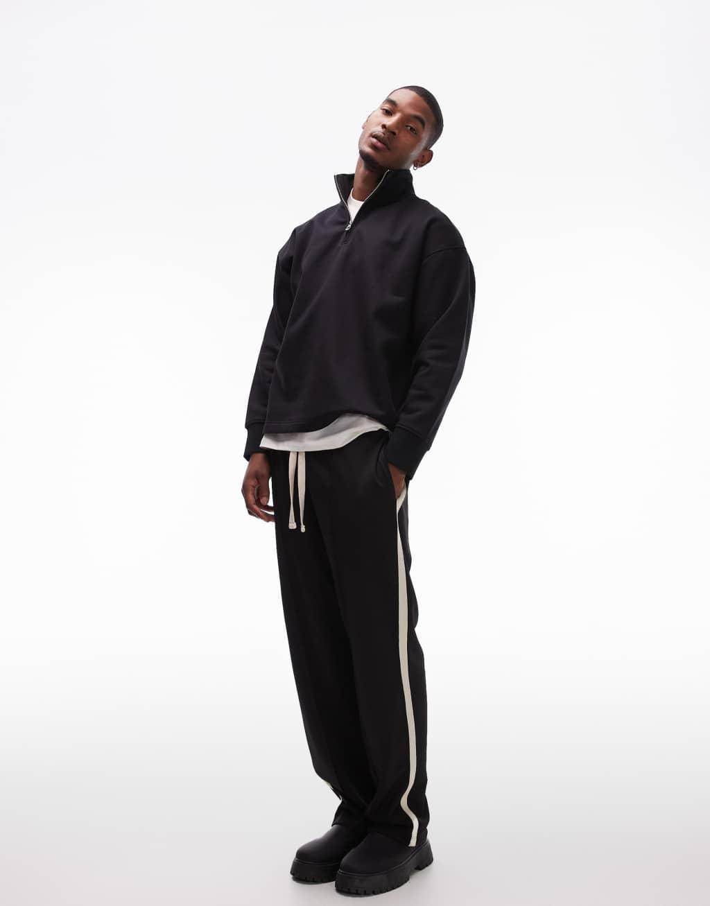 Topman premium heavyweight oversized 1/4 zip sweatshirt in black Product Image