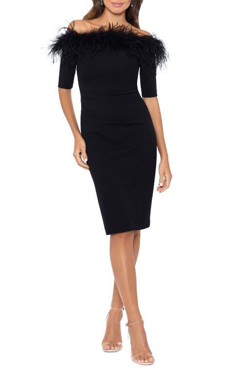 Xscape Evenings Feather Trim Off the Shoulder Scuba Sheath Dress Product Image