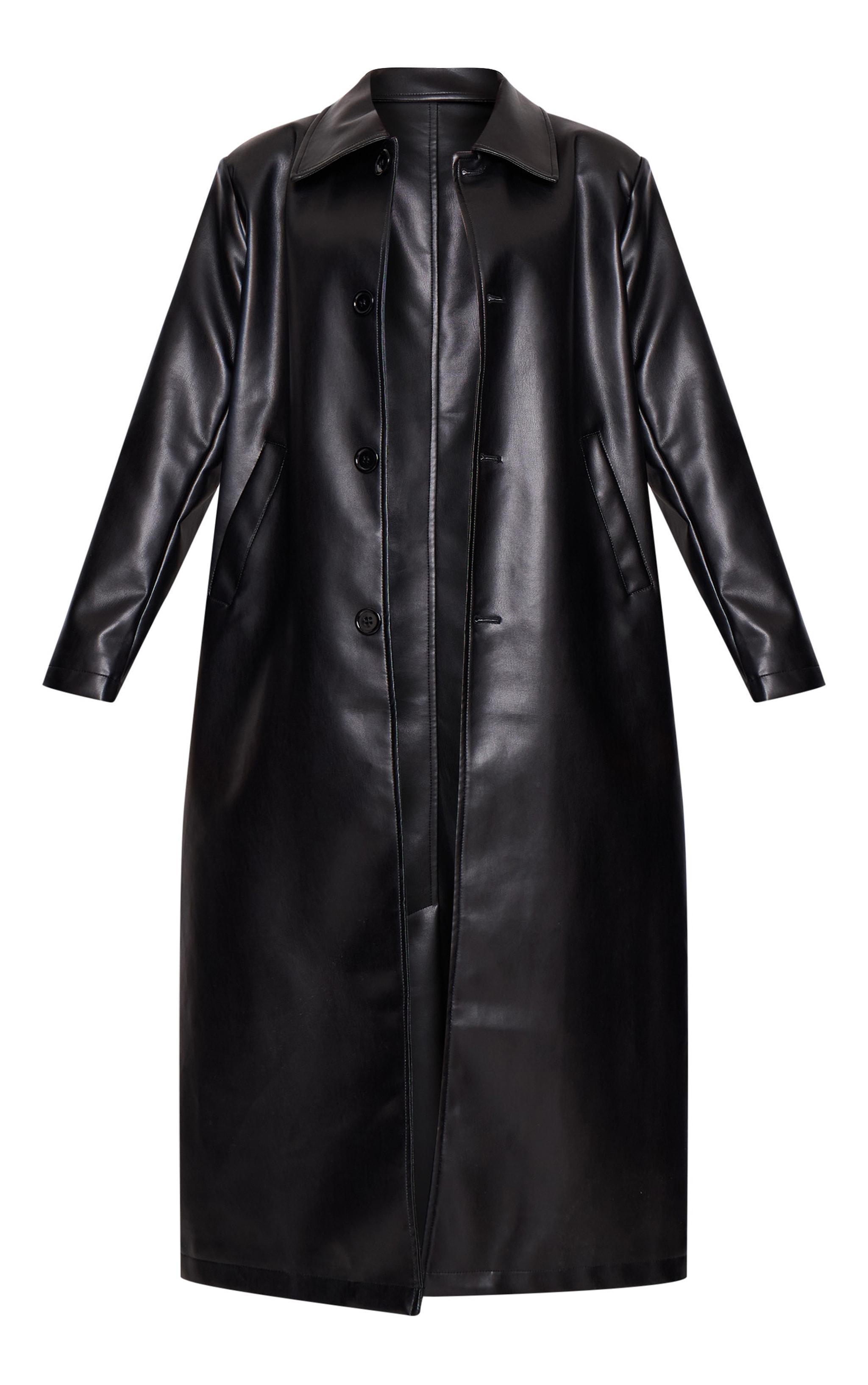 Petite Black Faux Leather Maxi Trench Coat Product Image