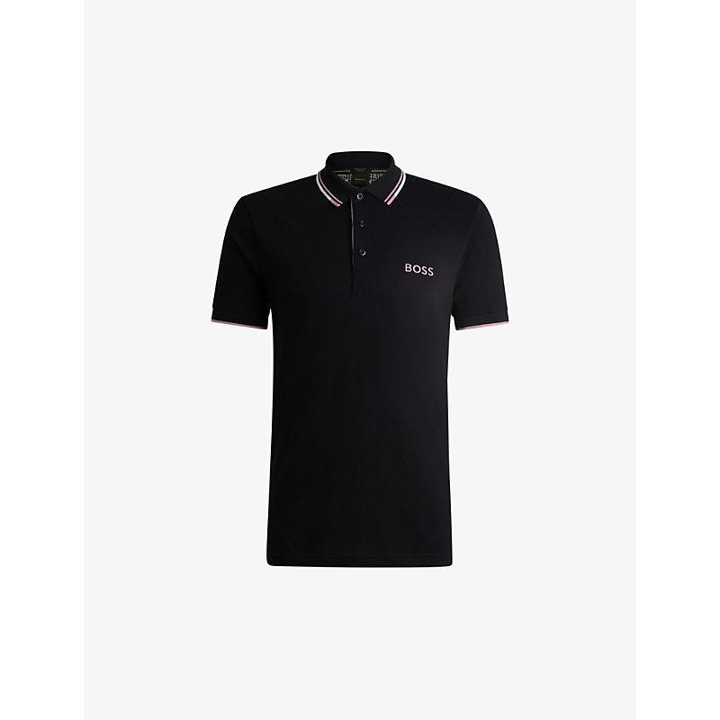 HUGO BOSS Paddy Pro Mens Cotton Blend Polo Shirt With Contrast Logos In Black 002 Product Image