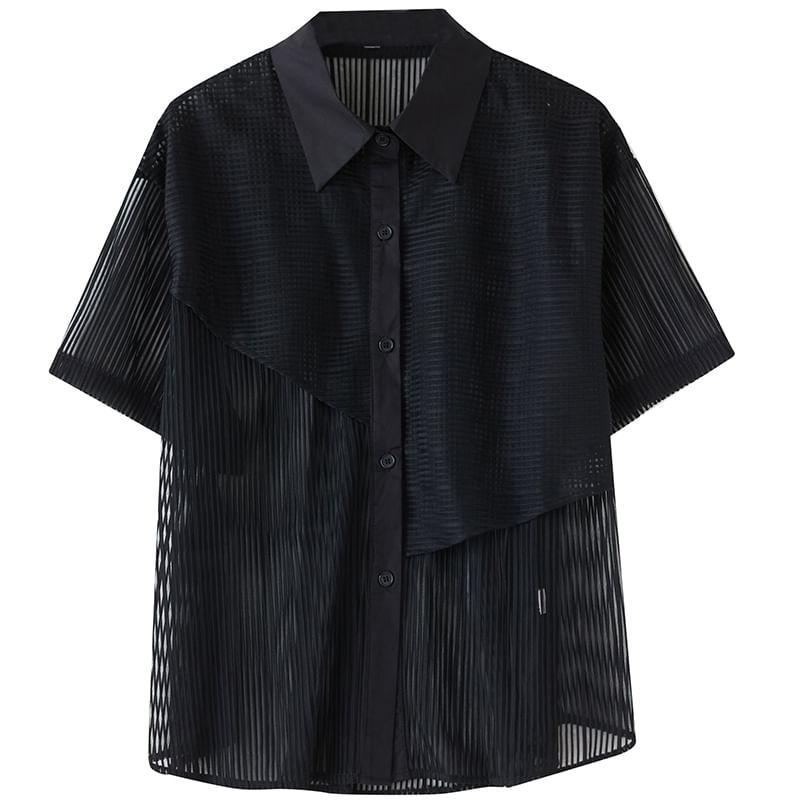 Elbow-Sleeve Collared Mesh Panel Sheer Button-Up Blouse Product Image