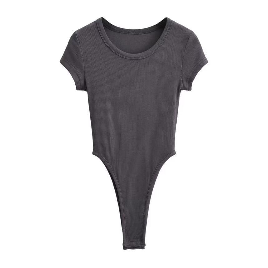 Short-Sleeve Round Neck Plain Ribbed Bodysuit Top Product Image