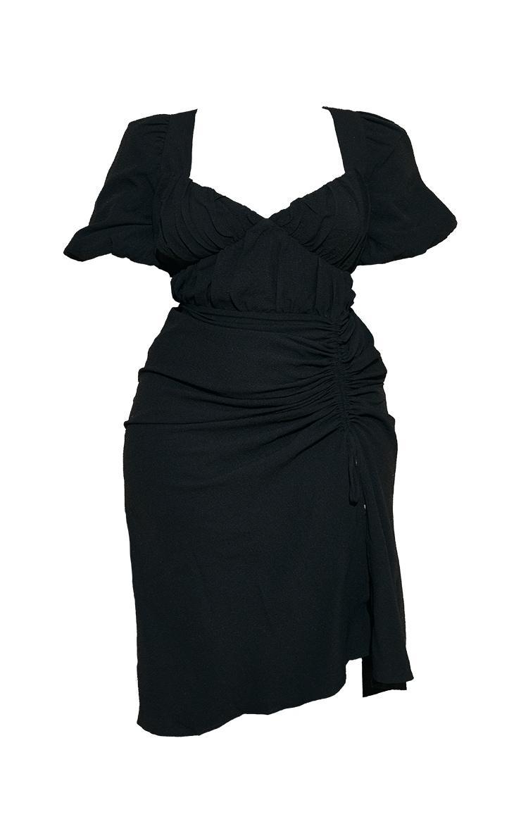 Plus Black Puff Sleeve Ruched Side Split Midi Dress Product Image