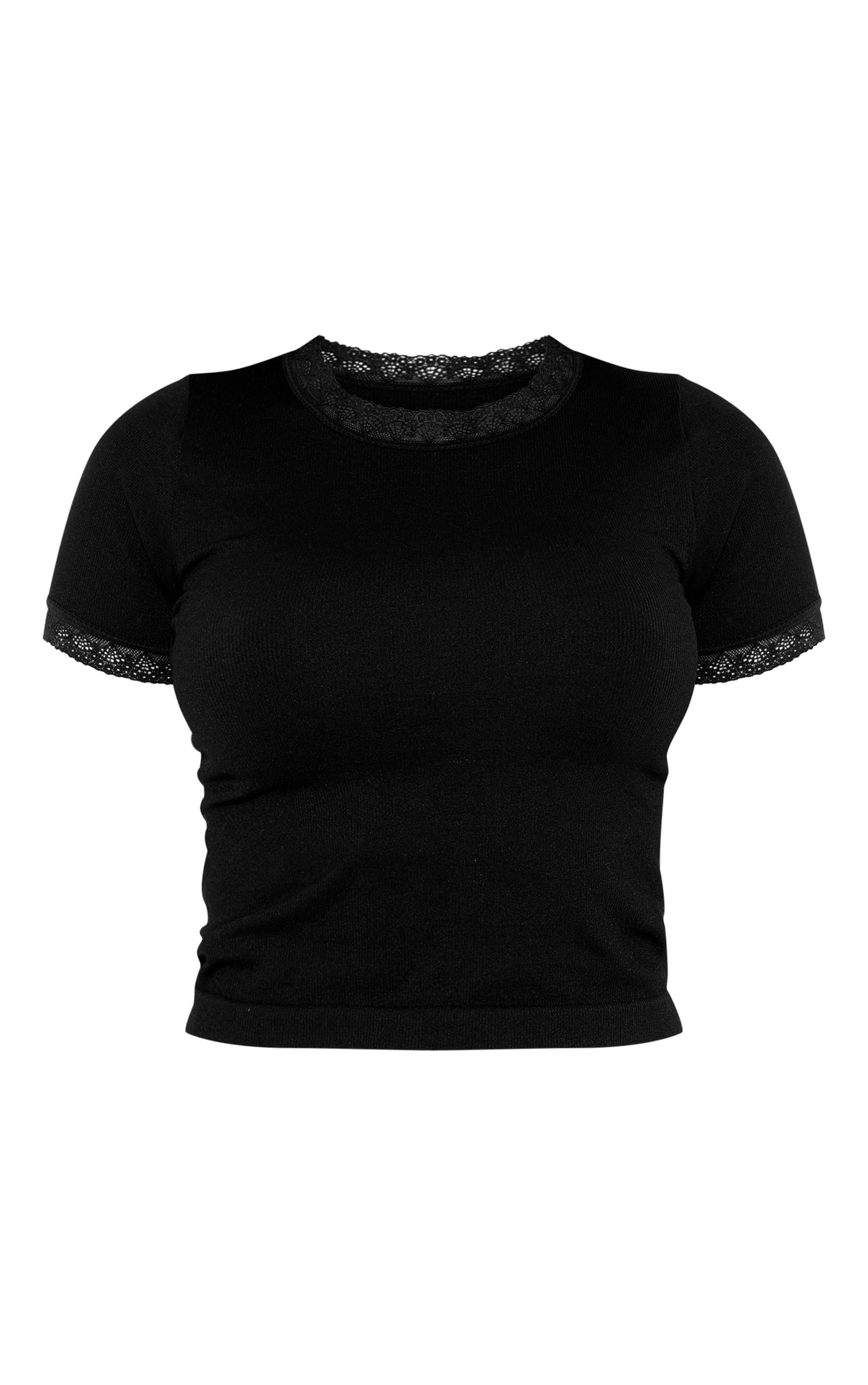 Black Lace Trim Light Seamless T-shirt Product Image