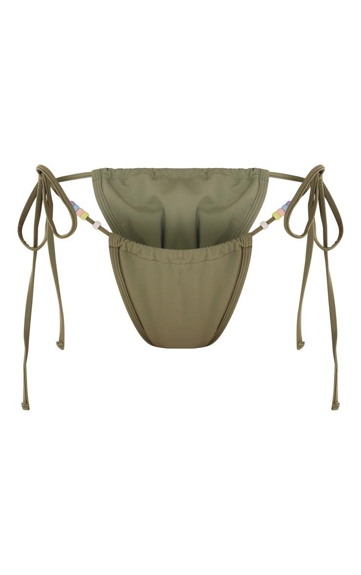 Khaki Beaded Strap Ruched Tie Side Bikini Bottoms Product Image