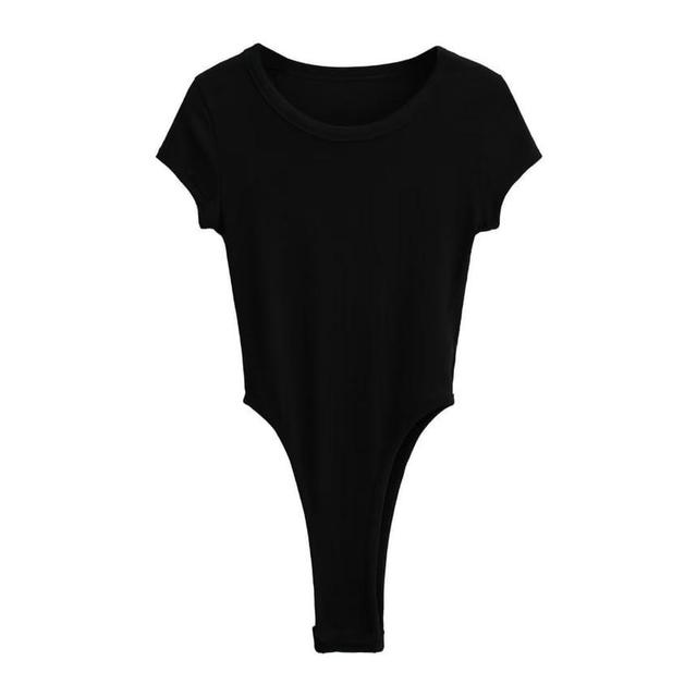 Short-Sleeve Round Neck Plain Ribbed Bodysuit Top Product Image