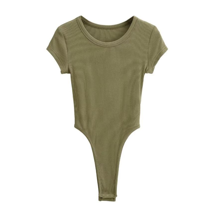 Short-Sleeve Round Neck Plain Ribbed Bodysuit Top Product Image