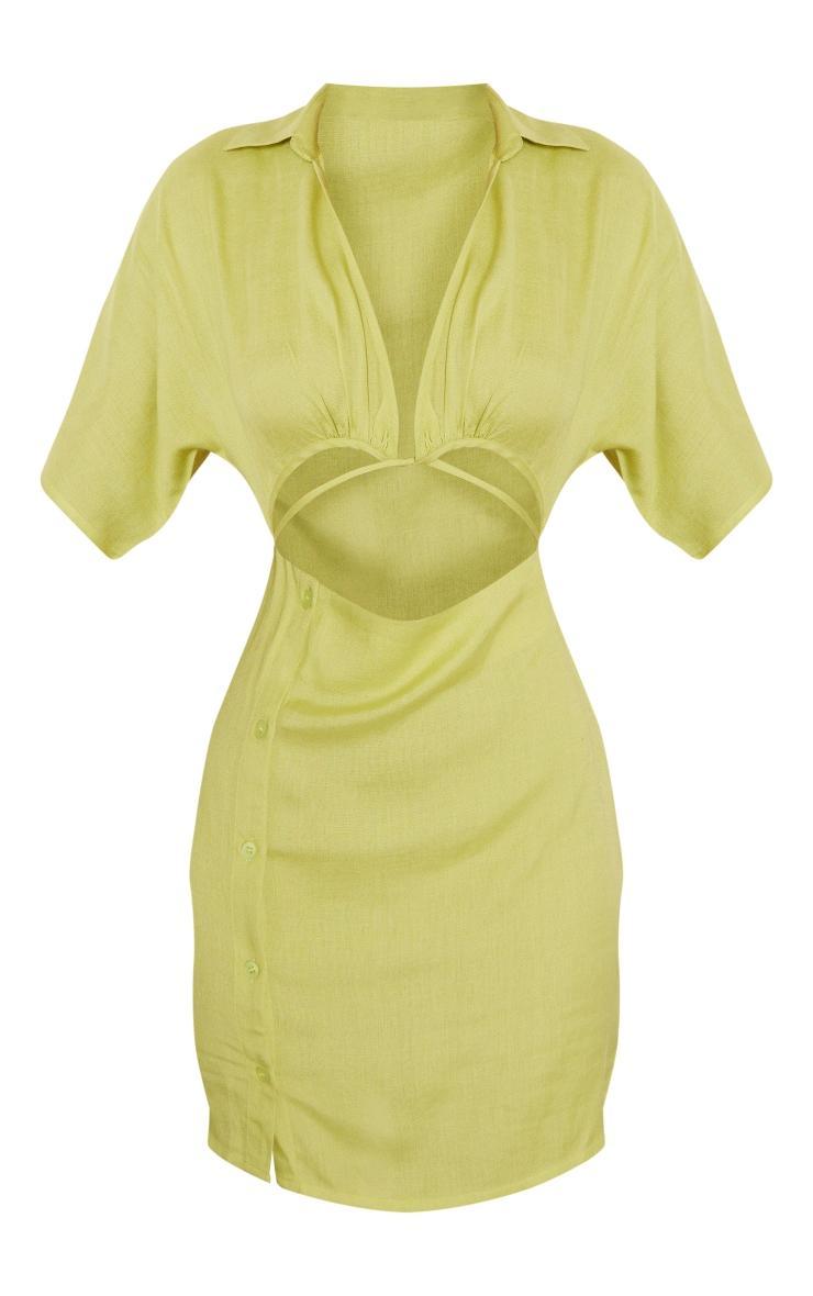 Green Linen Look Cut Out Waist Button Skirt Shirt Dress Product Image