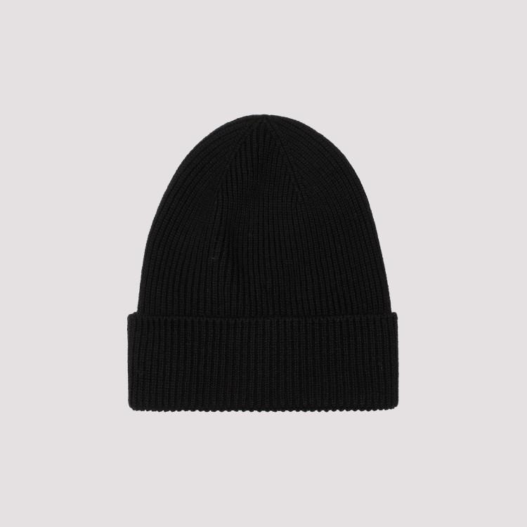 Black Logo Ribbed Knit Beanie Hat Product Image