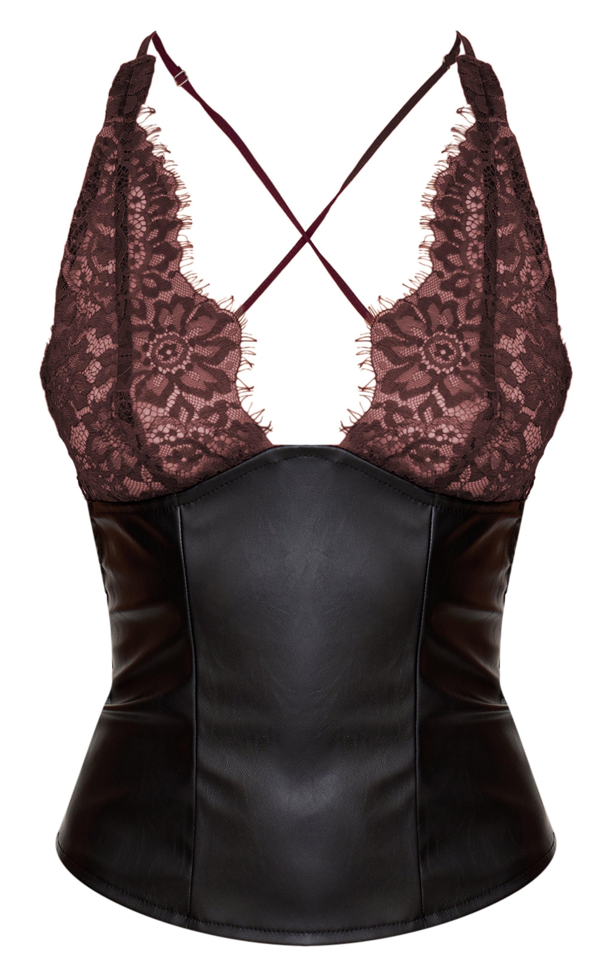 Black Faux Leather Lace Bust Detail Long Top Product Image