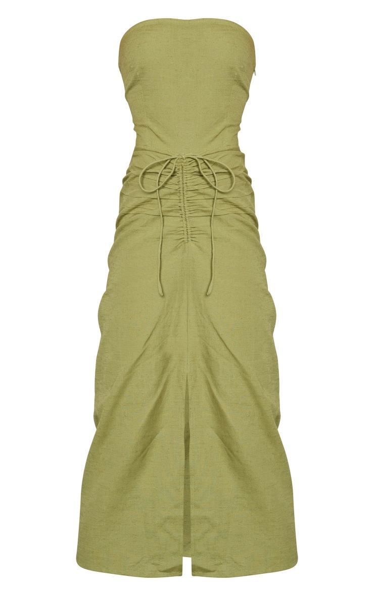 Khaki Linen Look Bandeau Ruched Detail Midaxi Dress Product Image