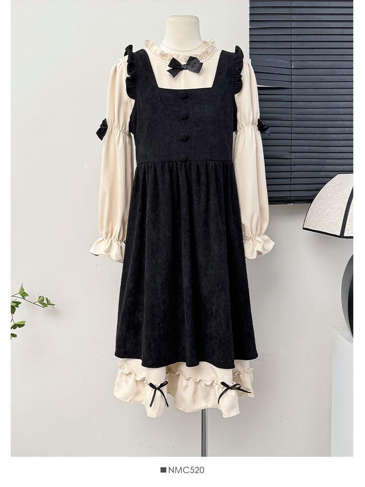 Set: Bow-Accent Long-Sleeve Midi Dress + Ruffled Tank Dress Product Image