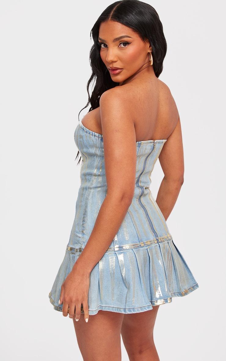 Gold Metallic Coated Denim Bandeau Skater Dress Product Image