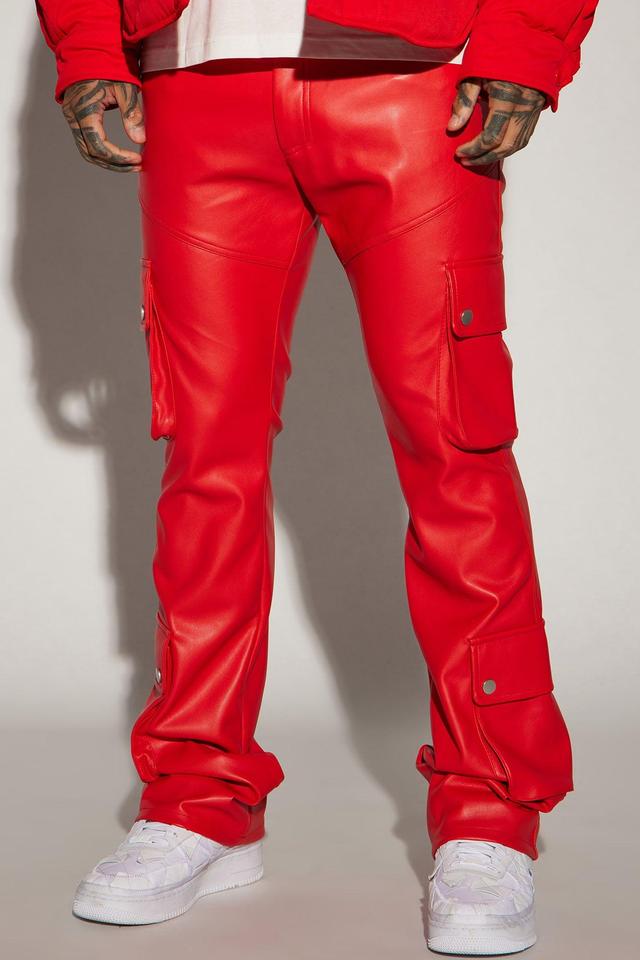 Name Of Love Faux Leather Stacked Slim Flare Pants - Red Product Image