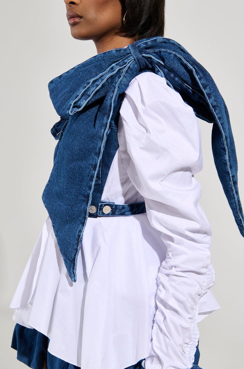 MELODY DENIM TIE POPLIN BLOUSE Product Image