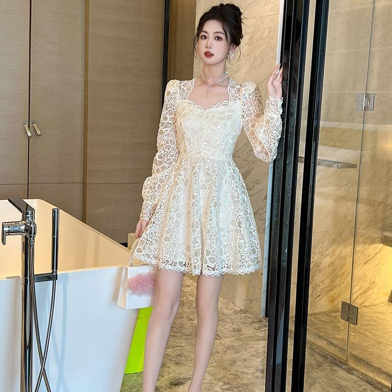 Long-Sleeve Sequin Lace Mini A-Line Dress product image