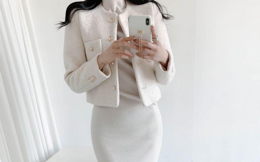 Long Sleeve Round Neck Tweed Cropped Jacket Product Image