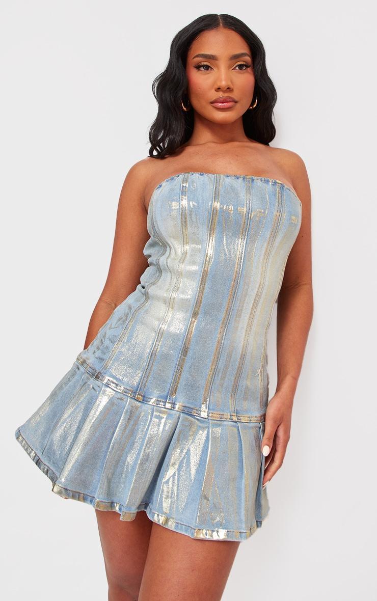 Gold Metallic Coated Denim Bandeau Skater Dress Product Image