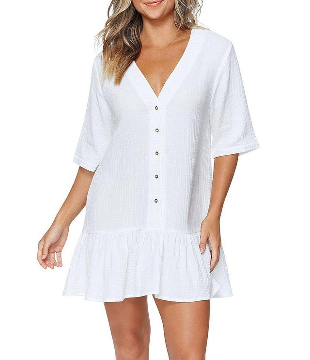 Raisins Paradise Sol V-Neck Short Sleeve Ruffle Hem Button Front Swim Cover-Up Product Image