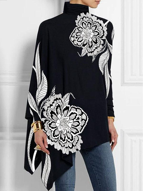 Batwing Sleeves Loose Asymmetric Floral Printed Split-Joint High Neck T-Shirts Product Image