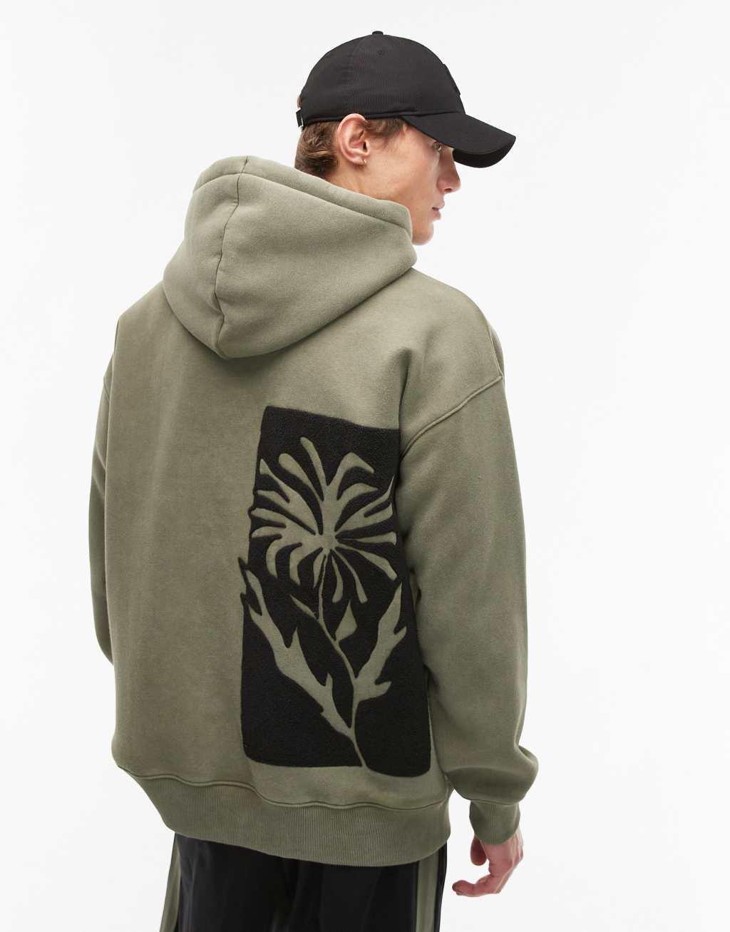 Topman oversized fit hoodie with front and back floral block chenille embroidery in washed khaki Product Image