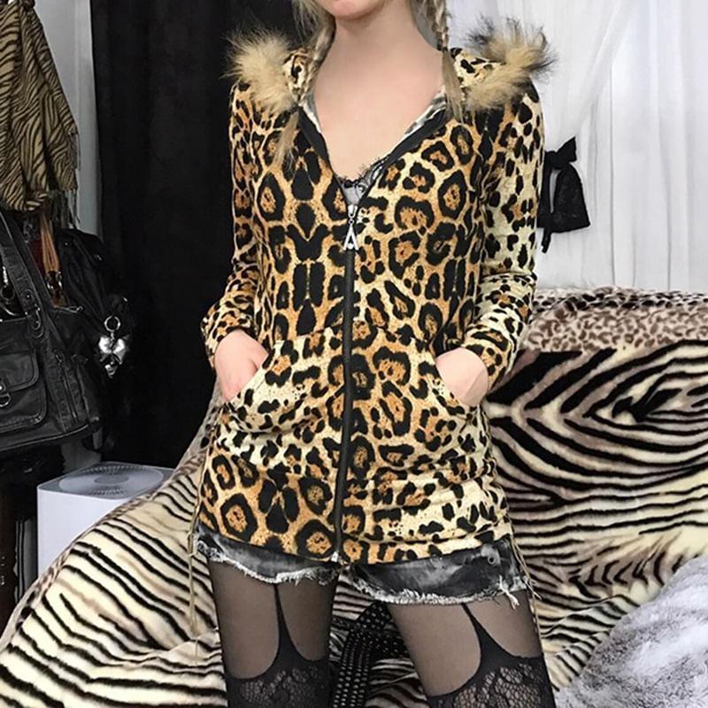 Long Sleeve Leopard Print Faux Fur Trim Hooded Zip-Up Jacket Product Image