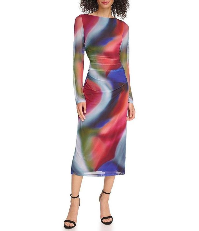 Vince Camuto Watercolor Swirl Abstract Print Long Sleeve Boat Neck Mesh Midi Bodycon Dress Product Image