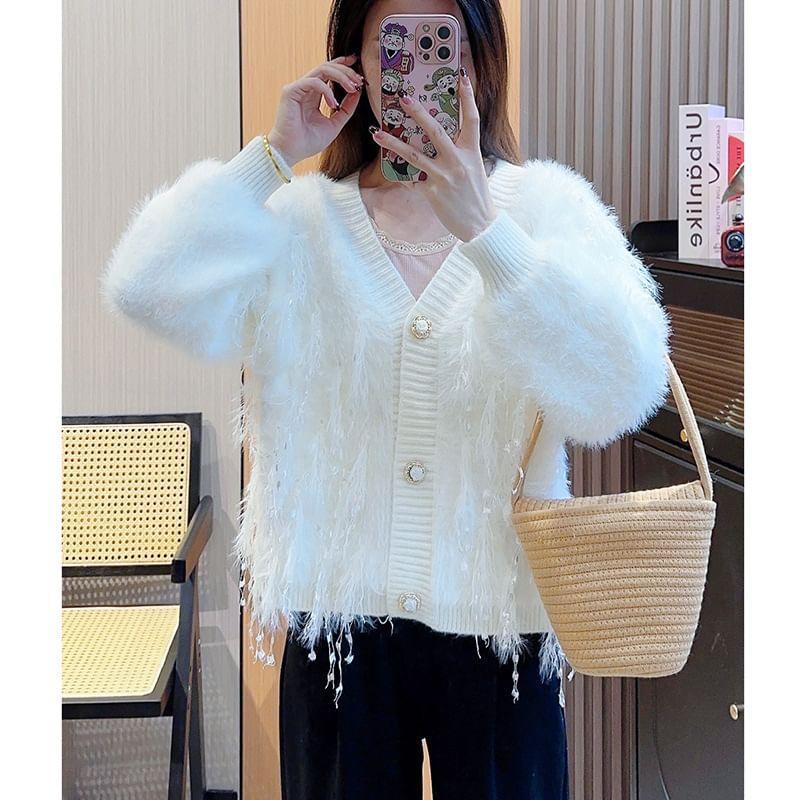 V-Neck Plain Fluffy Sweater Product Image