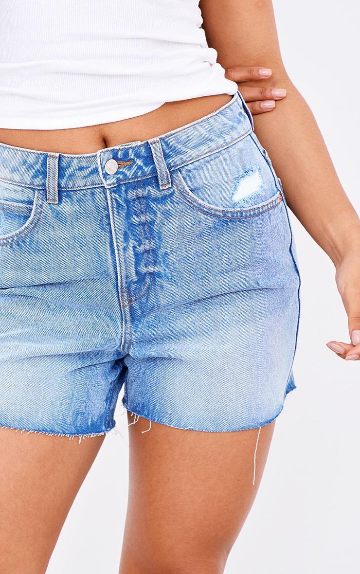 PRETTYLITTLETHING Mid Blue Wash Raw Hem Boyfriend Denim Shorts Product Image