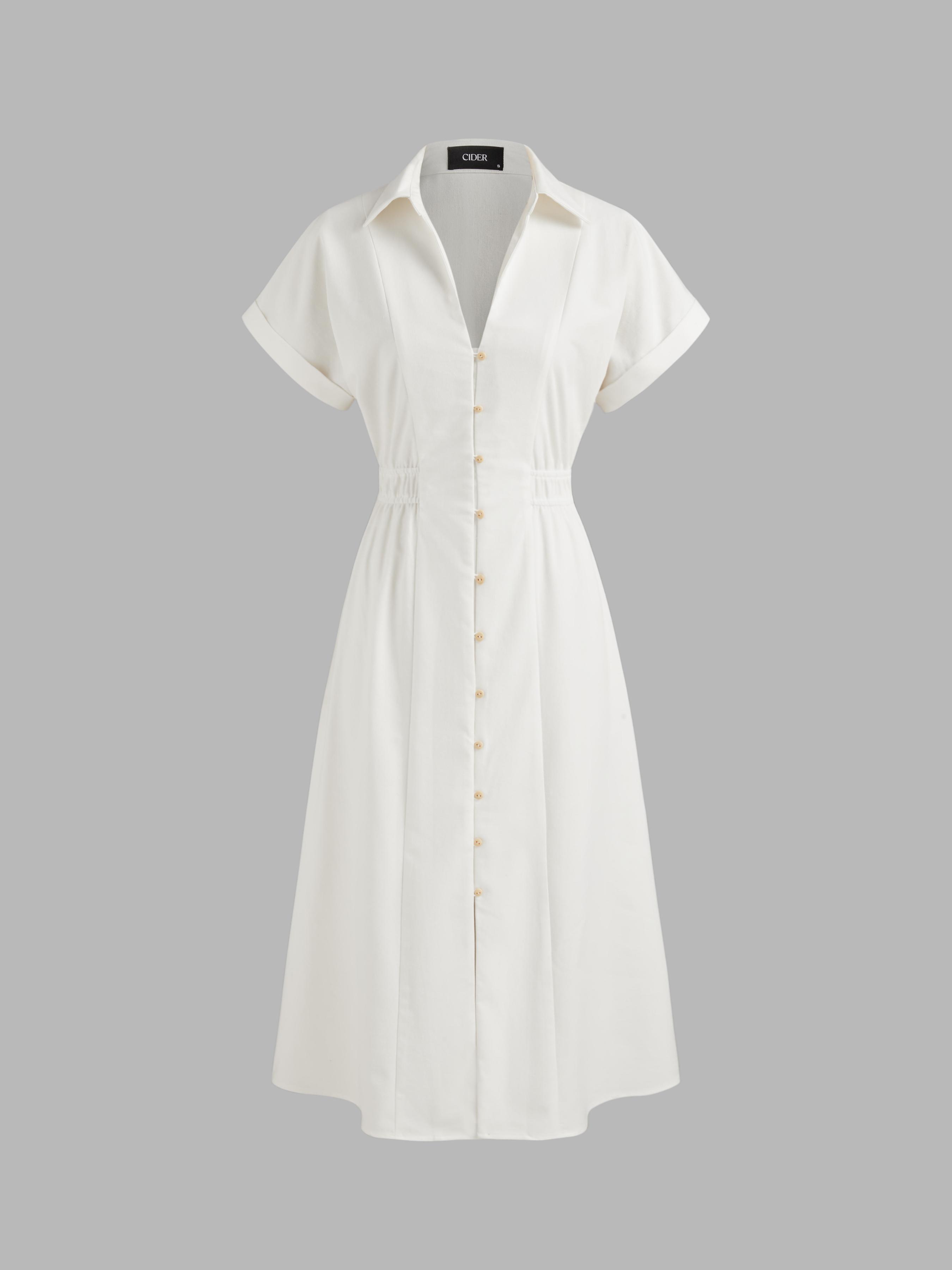 Linen-blend Collar Solid Shirred Button Midi Shirt Dress Product Image