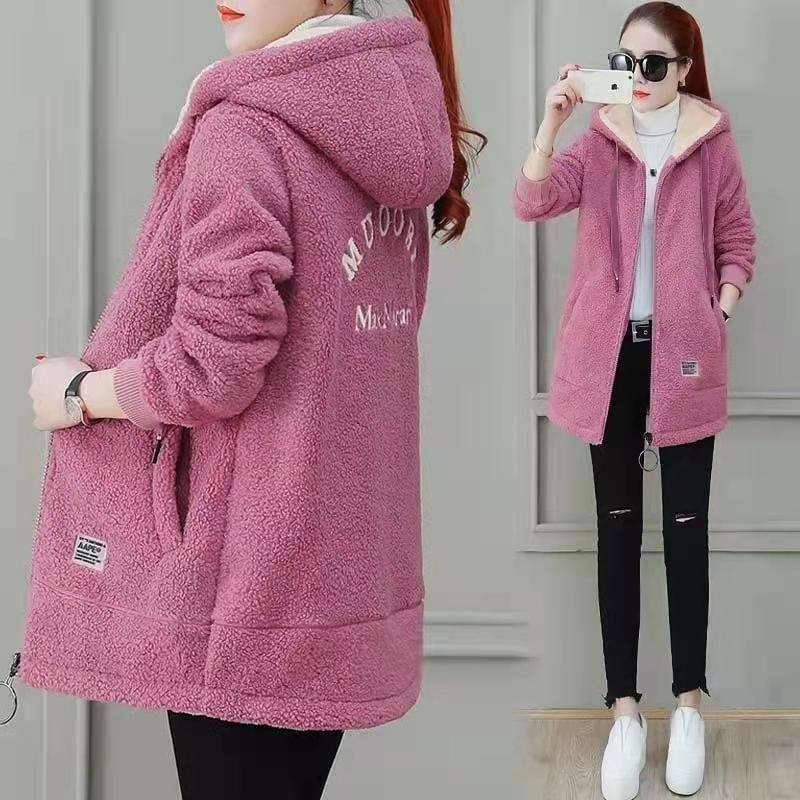 Plain Hooded Faux Shearling Long Zip Jacket Product Image