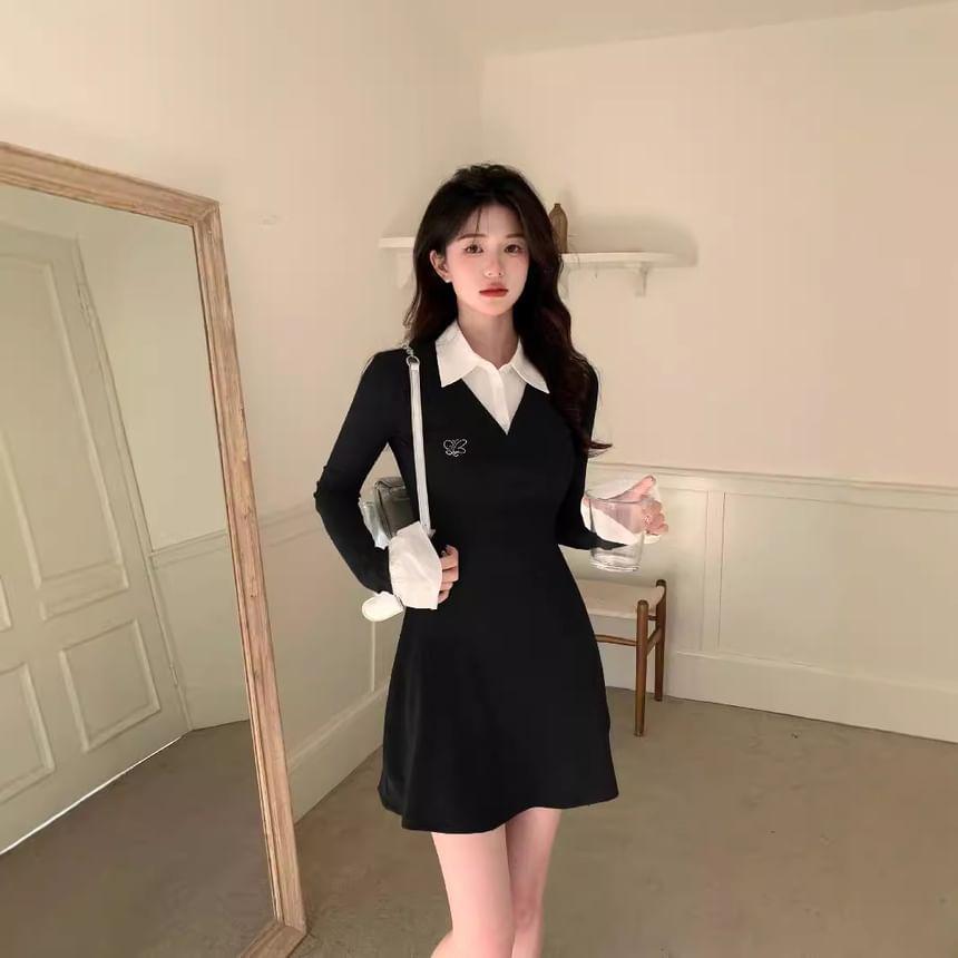 Long Sleeve Mock Two Piece Collar Color-Block Slim-Fit Mini Bodycon Dress Product Image