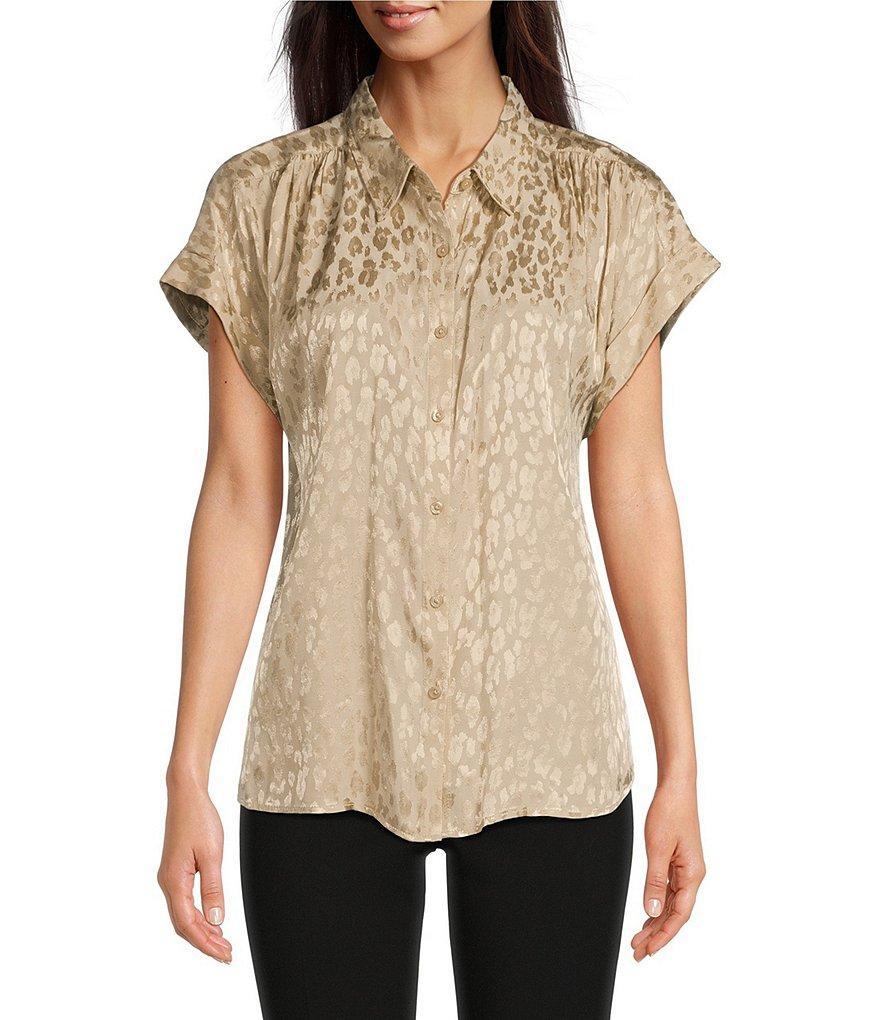 Calvin Klein Cheetah Print Jacquard Collared Neckline Short Sleeve Top Product Image