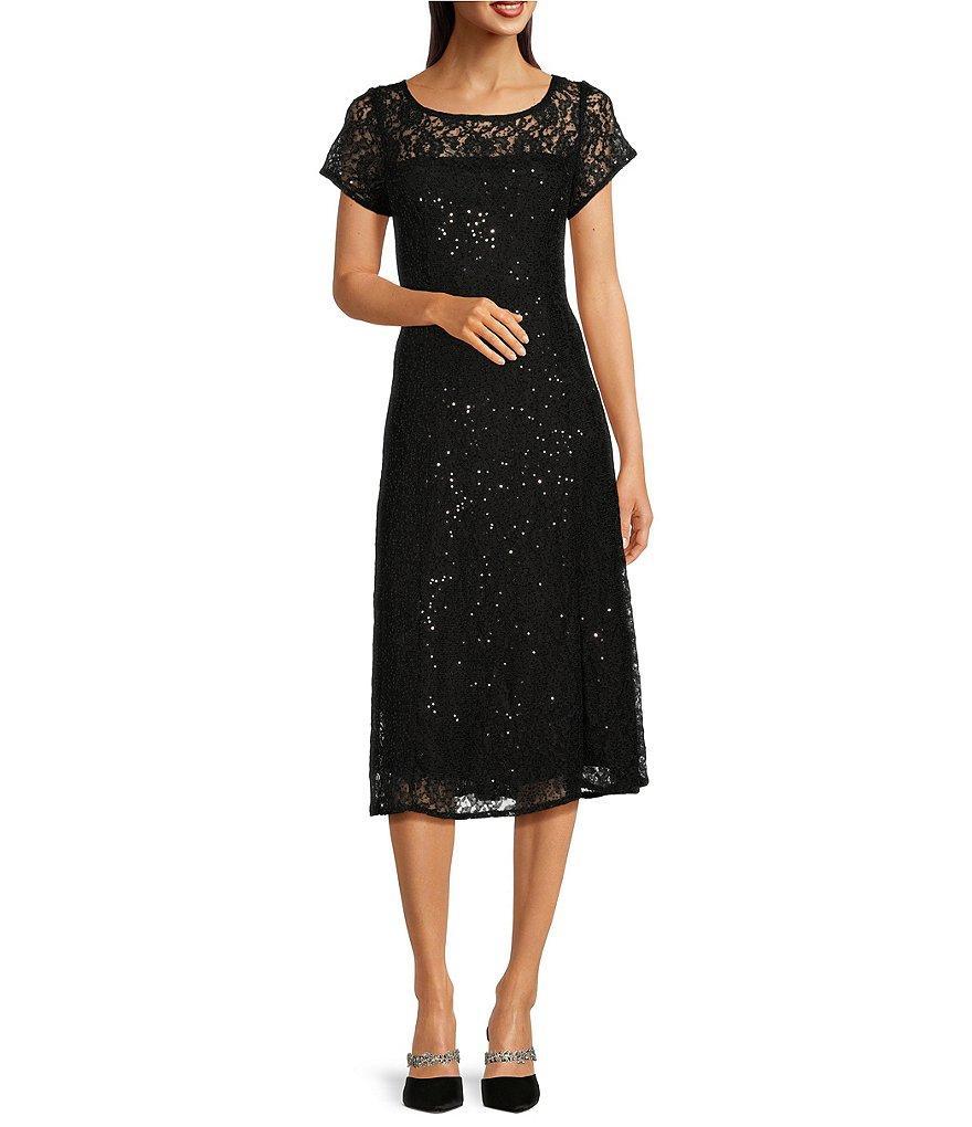 Ignite Evenings Round Neck Short Sleeve Sequin Lace Midi Dress product image