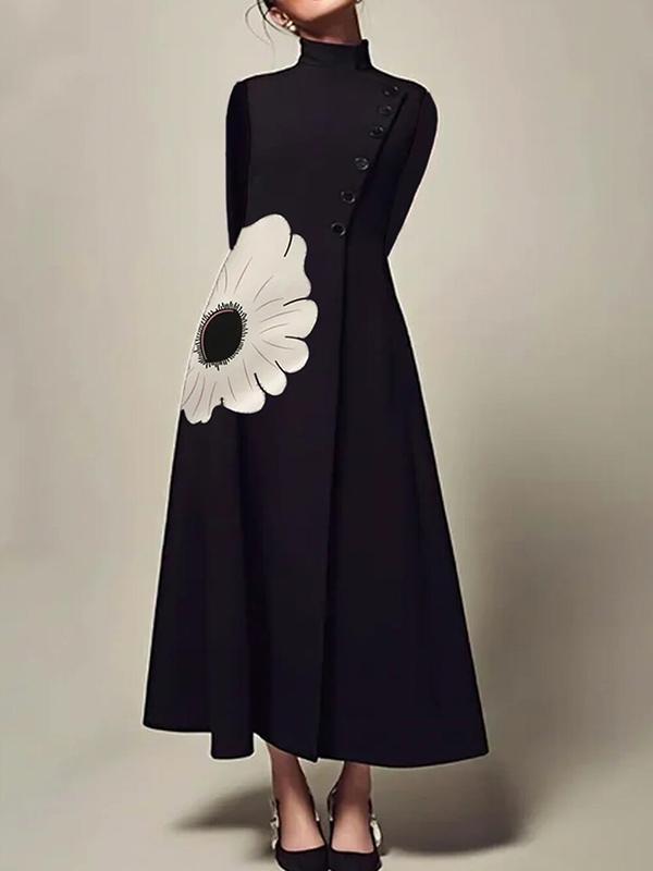 A-Line Long Sleeves Flower Print High Neck Midi Dresses product image