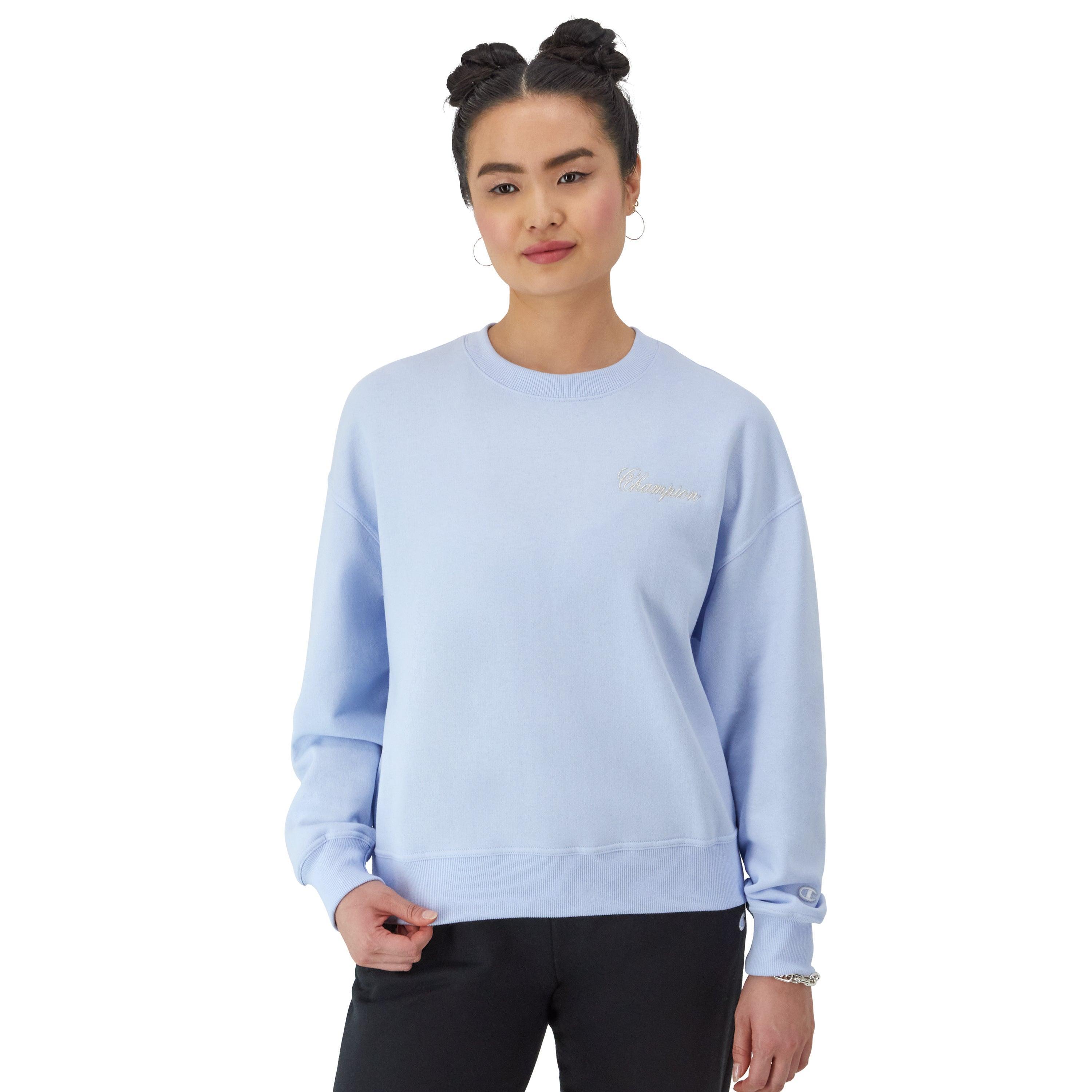 Womens Champion Powerblend Crewneck Sweatshirt, Cursive Script Logo Ciel Blue/White S product image