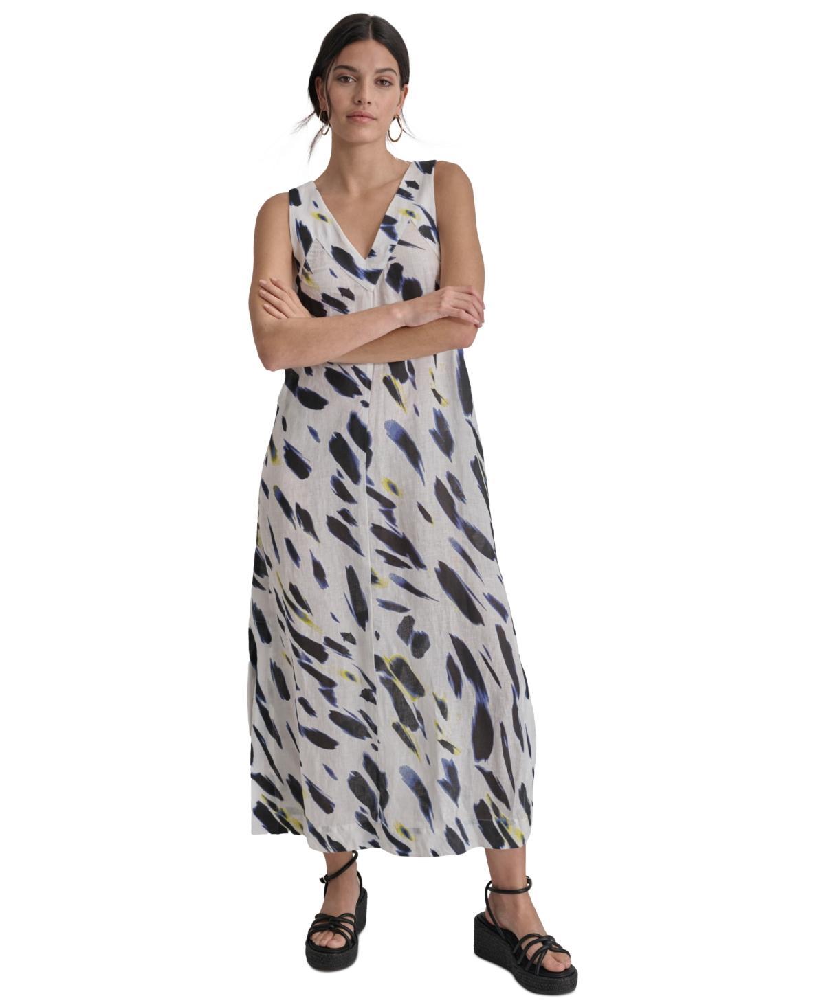 Dkny Womens Printed Linen V-Neck Sleeveless Maxi Dress - Blk Product Image