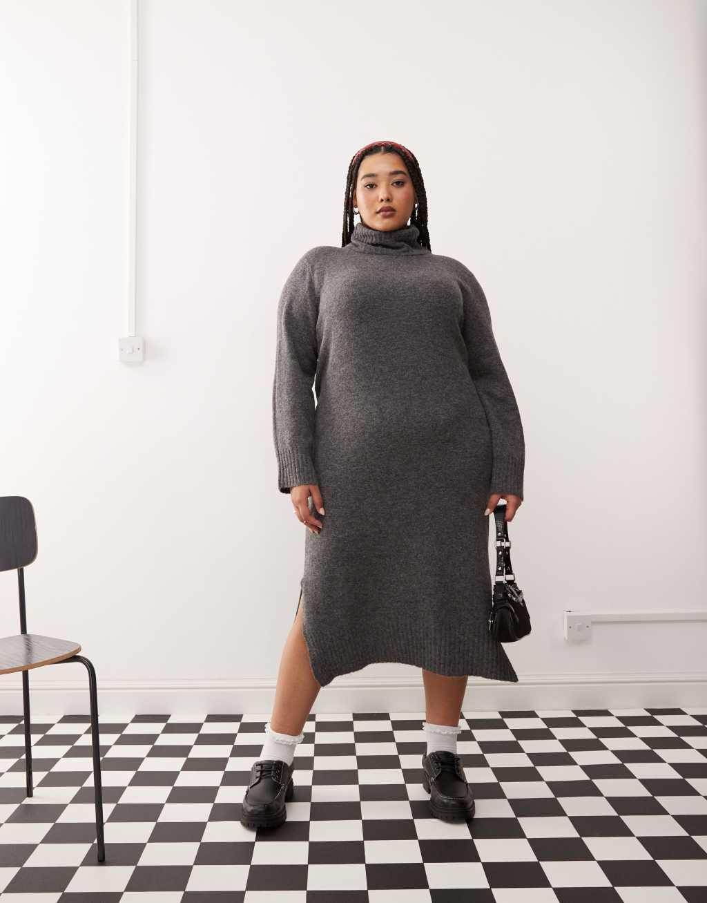 Noisy May Curve high neck knit midi sweater dress in gray Product Image