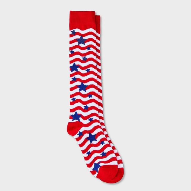 Womens Wavy Stars & Stripes Knee High Socks - Red 4-10 Product Image