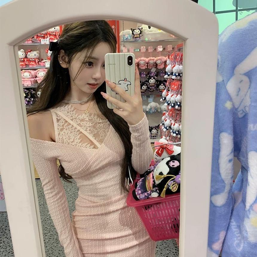 Long-Sleeve Cold Shoulder Mock Two-Piece Plain Lace Panel Cutout Mini Bodycon Dress Product Image