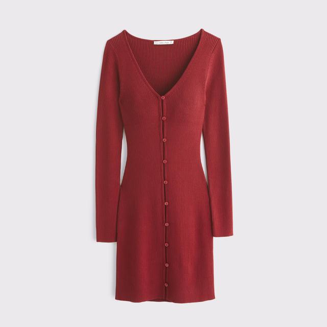 Long-Sleeve Deep-V Mini Sweater Dress Product Image