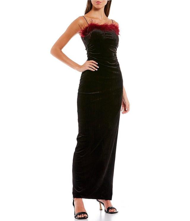 Honey and Rosie Feather Trim Square Neck Long Dress Product Image