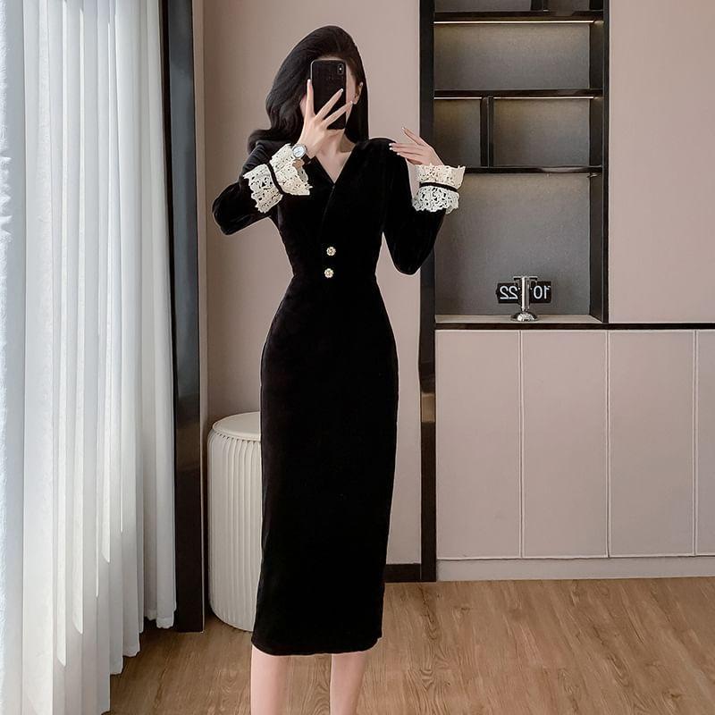 Long-Sleeve V-Neck Lace Trim Midi Sheath Dress Product Image