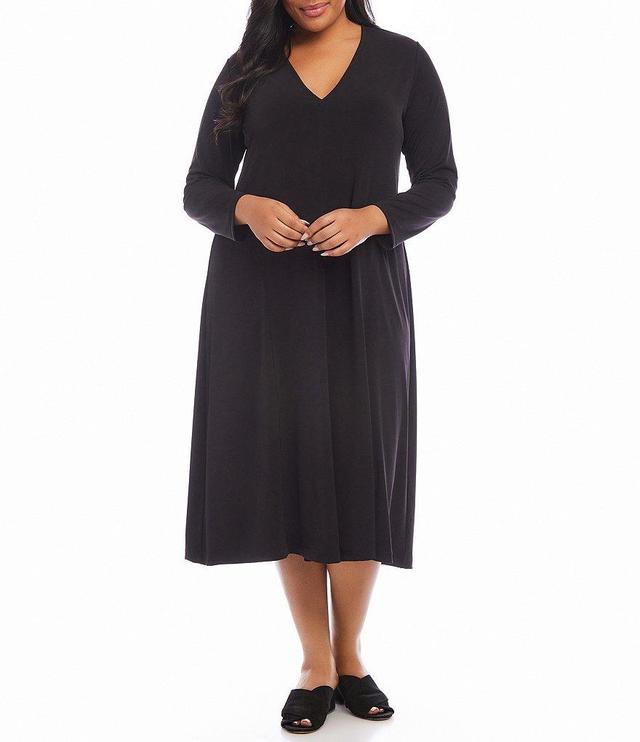 Karen Kane Plus Size Jersey Knit Kate V-Neck Long Sleeve A-Line Midi Dress Product Image