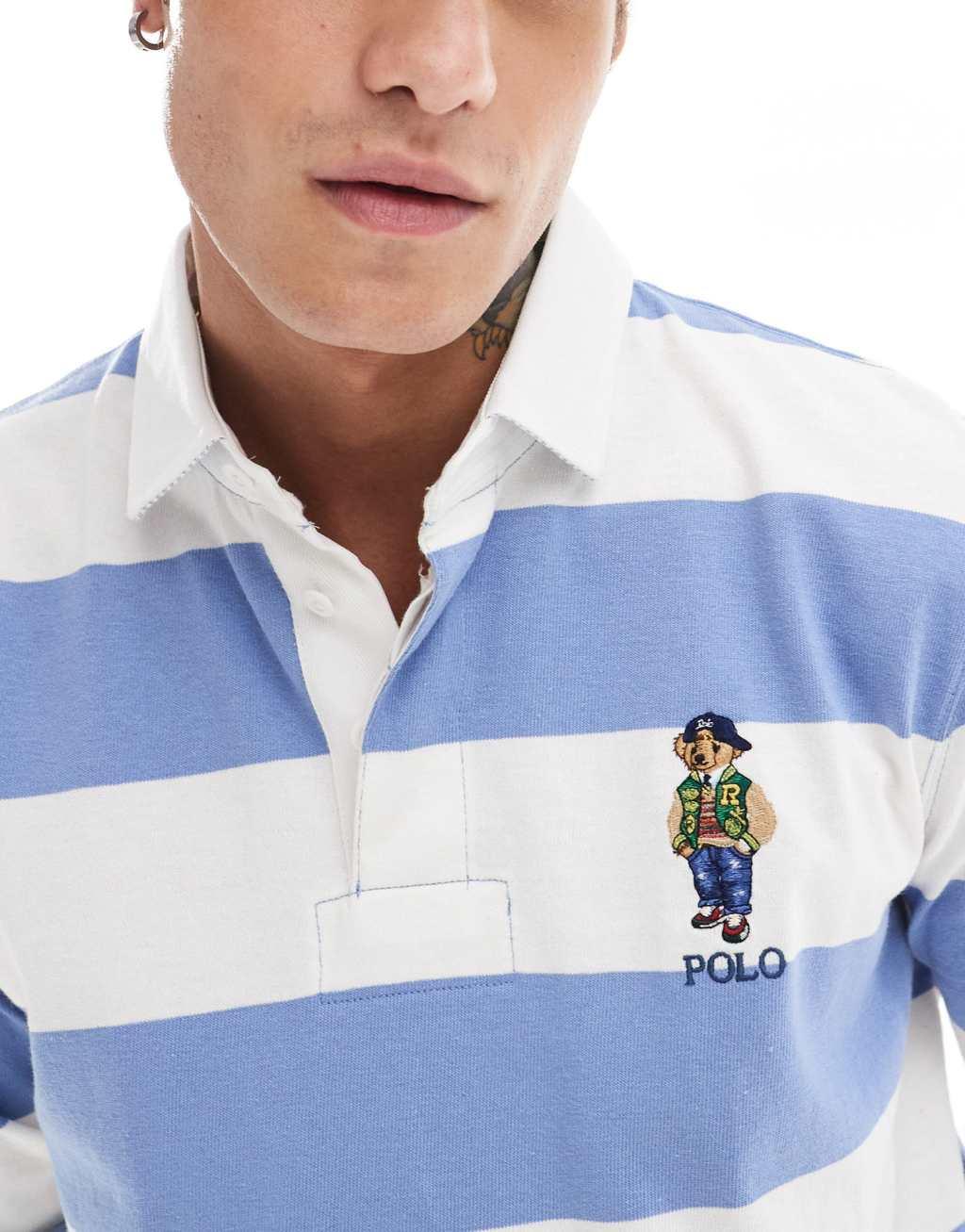 Polo Ralph Lauren varsity bear striped rugby polo shirt in blue/white Product Image